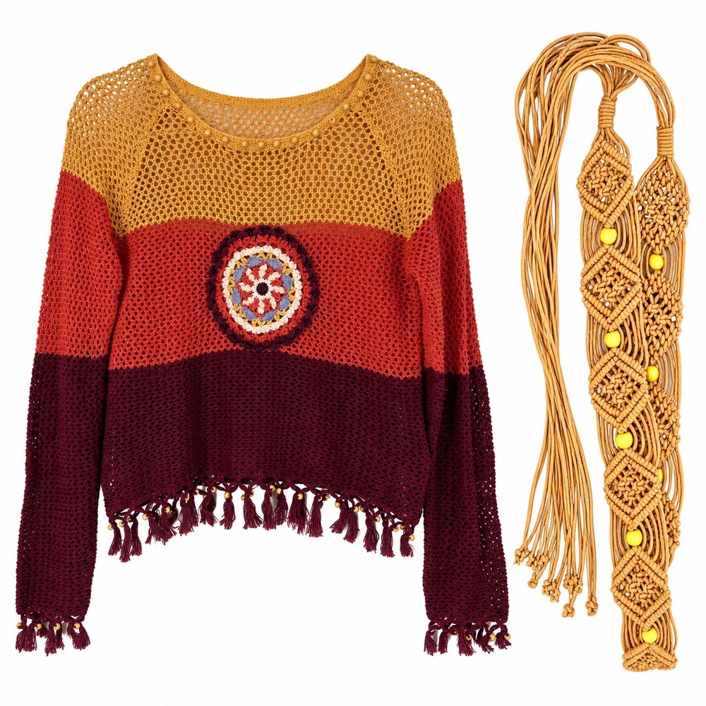 Womens Crochet Sweater L Colorblock Beaded Fringe Boho With Macrame Belt Artsy